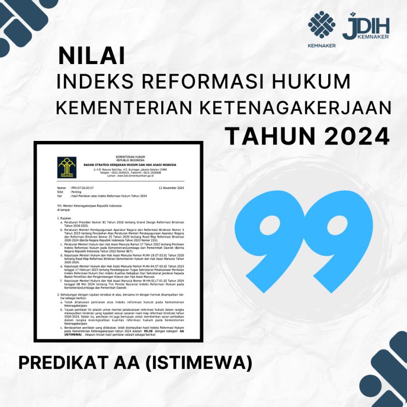 Kemnaker Raih Predikat Istimewa Pada Penilaian Indeks Reformasi Hukum (IRH) Tahun 2024